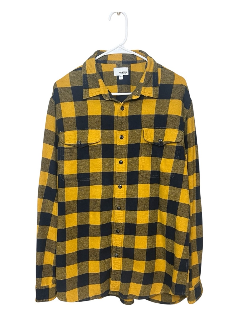 Sonoma Yellow & Navy Plaid Flannel Button-Down Shirt Size XL Men